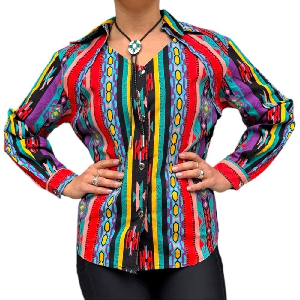 Vintage 90s Western Colorful Striped Button Down Shirt Cowboy Boho Geometric M